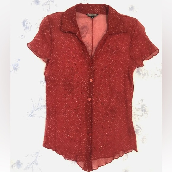 ROZAE NICHOLS VIBRANT RED SILK CHIFFON BLOUSE + SWAROVSKI CRYSTALS POLKA DOT FM - Picture 4 of 11